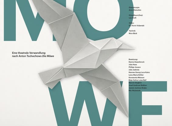 An origami gull over teal theater type and a cast list
