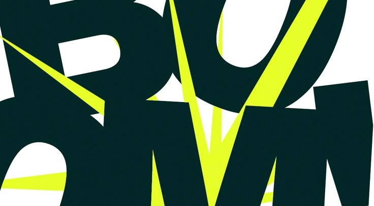 Dark green letterforms cut through with lime slashes