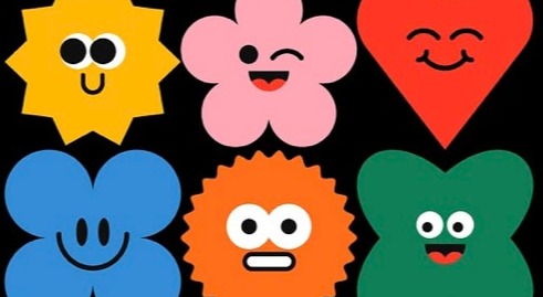 Six cheerful characters, sun, flower, heart and cloud, grinning at you