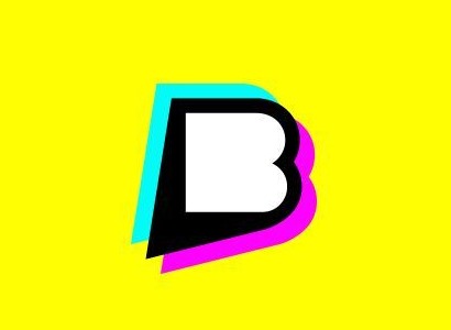 A fat black B with cyan and magenta offsets on flat yellow