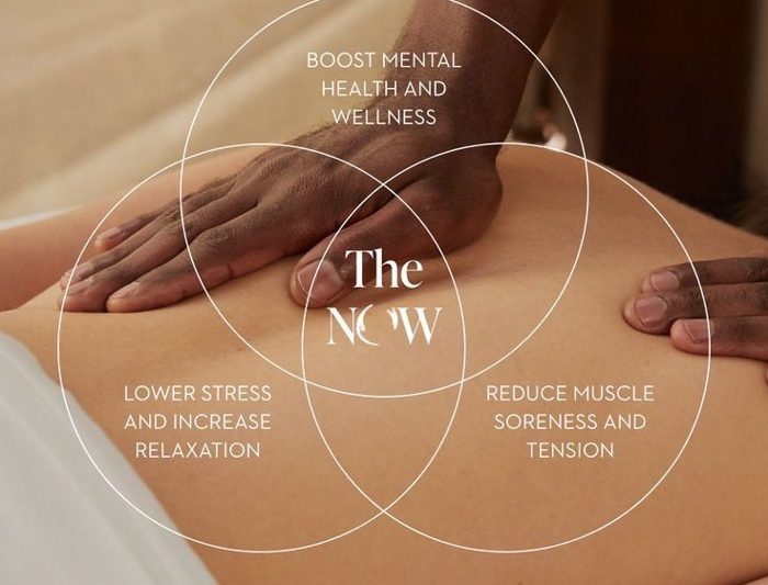 Hands on a back, ringed by wellness claims