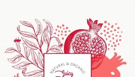 A boutique illustrated pomegranate juice label in red