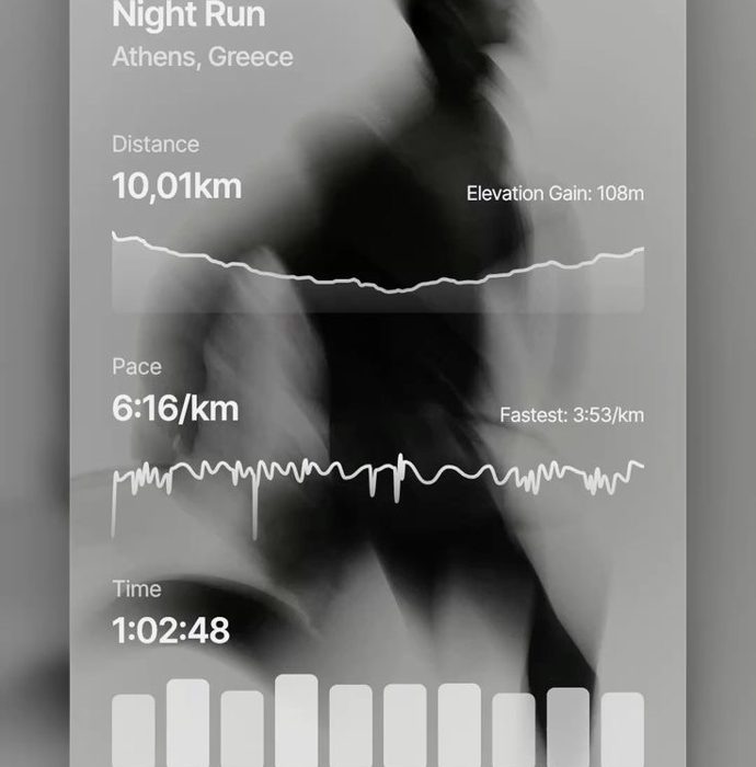 A run-tracking screen showing distance, pace and elevation over a blurred runner