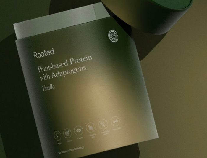 A Rooted plant-based protein jar in sage tones
