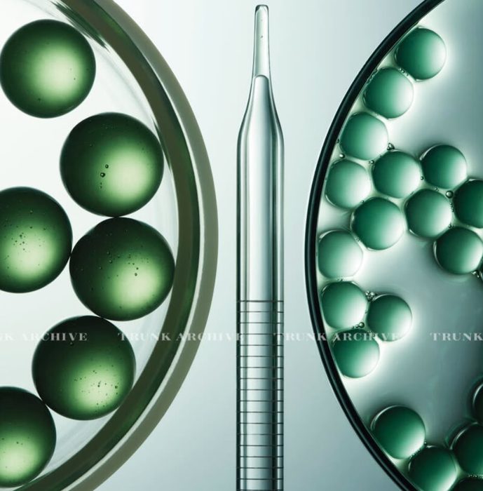 Green pearl capsules and a dropper in a petri dish