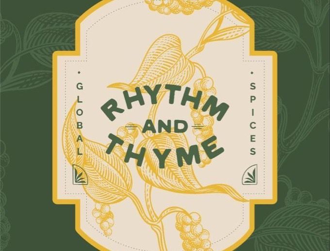 An engraved gold Rhythm and Thyme spice label