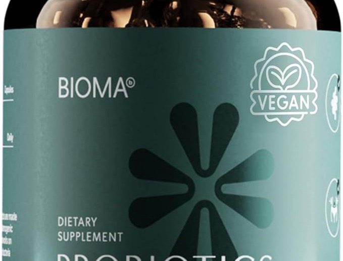 A teal BIOMA probiotics jar with a vegan badge