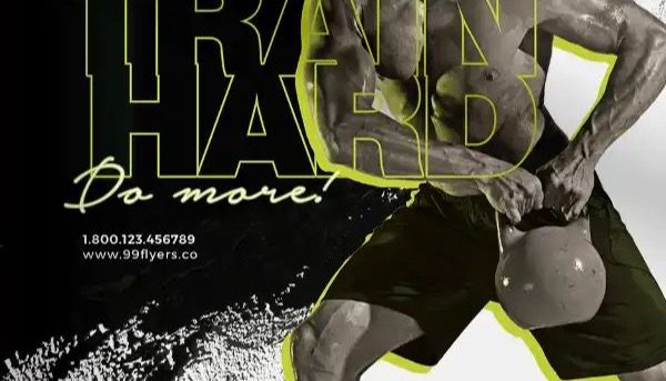 A gritty TRAIN HARD gym flyer in acid green