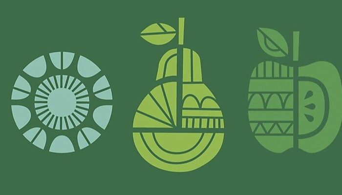 Stylised pear, apple and sun icons in green