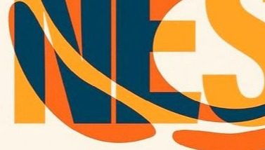Overlapping fat letterforms, orange on blue