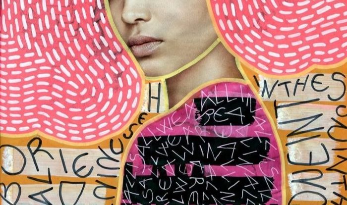 Stitched patterns and scrawled text over a face