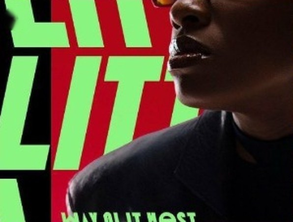 Lime block letters on red beside a face in shadow