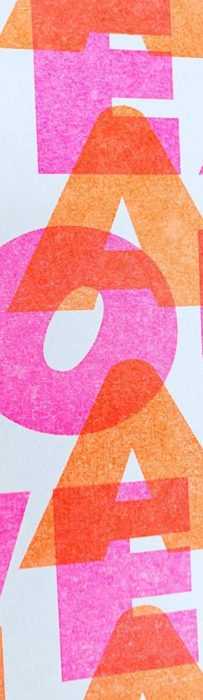 Neon letters stacked in transparent, misregistered inks