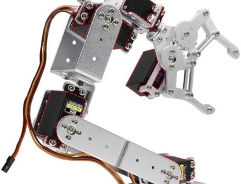 Bare metallic robot arm with exposed servos on white