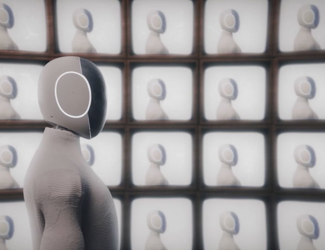 1X humanoid robot with white fabric face in front of a wall of screens
