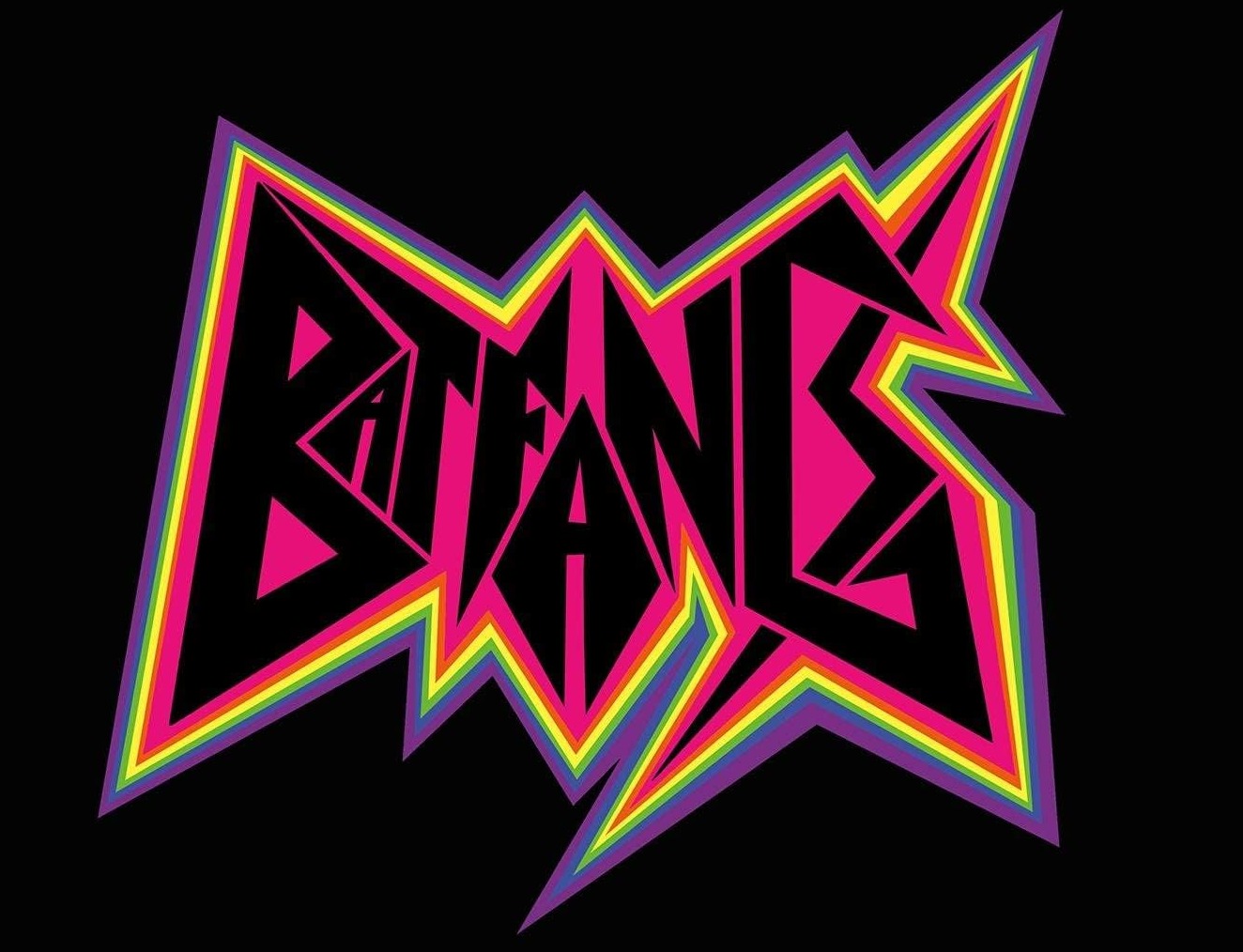 BAT FANGS in spiky neon vector type with rainbow outlines