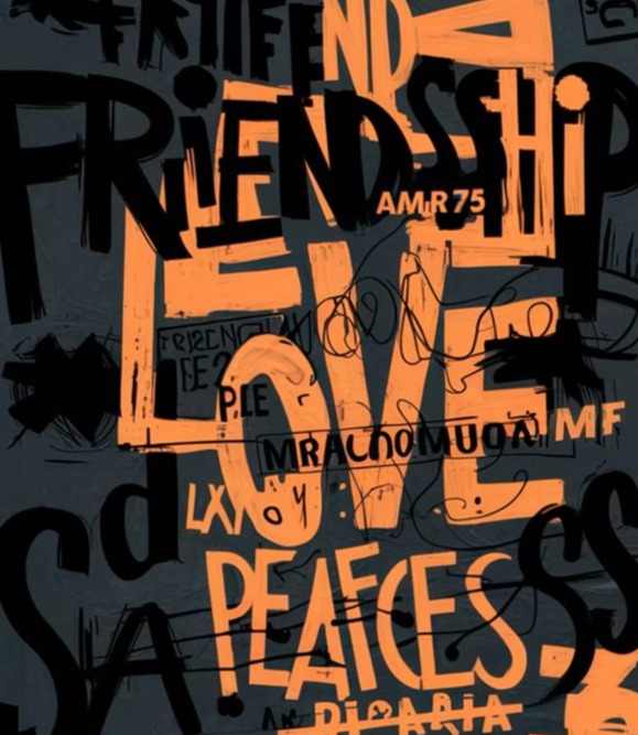 Friendship Love Peace hand-painted in orange over crowded black lettering