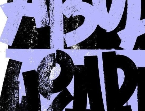 Woodblock abstract, rough black printed letterforms on lilac