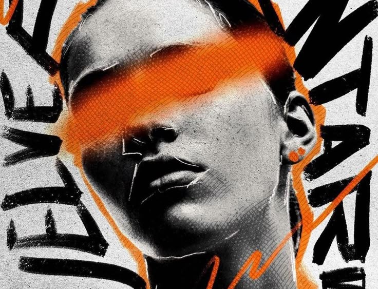 Defaced portrait with an orange bar over the eyes and hand-painted type