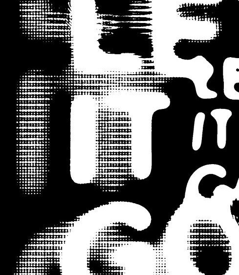 Halftone abstract, coarse black and white screened letterforms