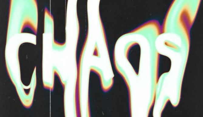 CHAOS in melting glowing type on black