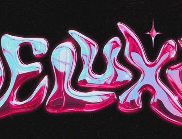 DELUXE in glossy pink chrome 3D letters on black