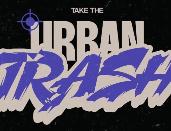 Take the Urban Trash in purple brush type on beige