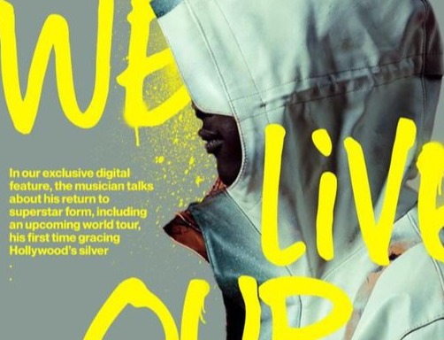 We Live Our in yellow digital type over an editorial photograph of a hooded figure