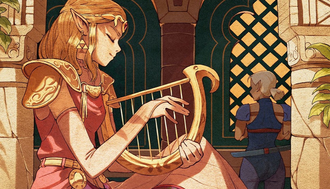Ocarina of Time adult Zelda with harp, anime style
