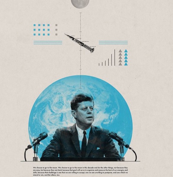 John F. Kennedy at a podium set against the Earth, moon-speech collage