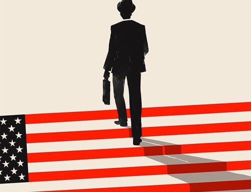 A businessman climbing stairs made of the flag
