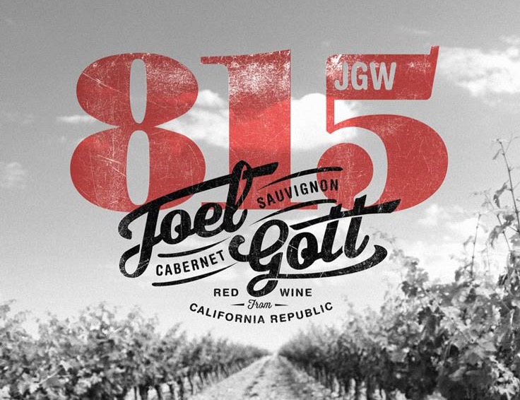 Joel Gott 815 wine label with vintage type over a California vineyard