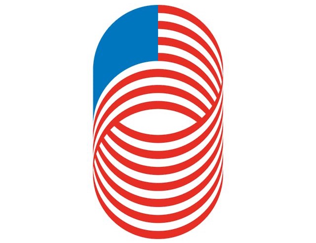 An abstract pill-shaped corporate logo in flag colours