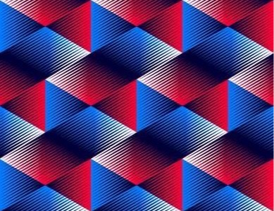 A decorative geometric 3D pattern in red, white and blue