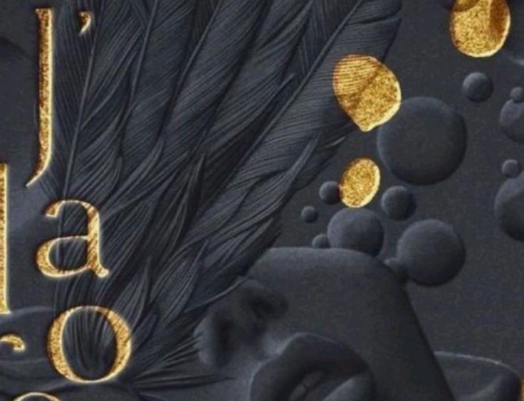 Dark composition stacking feathers, gold foil, lips and bubbles