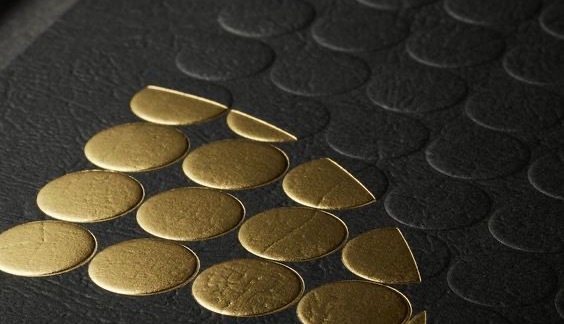 Gold seed shapes embossed on black leather