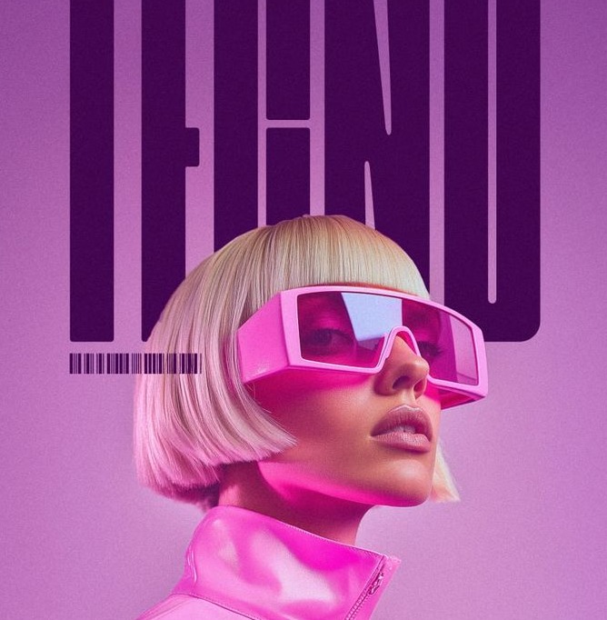 TECHNO editorial with a pink-visored model on purple