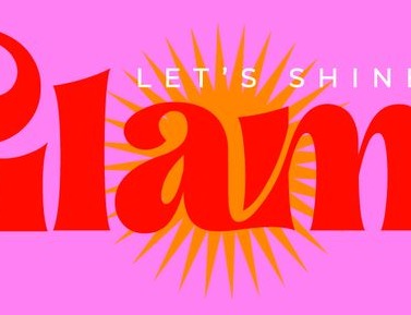 Glam script on a mid-century orange and pink sunburst