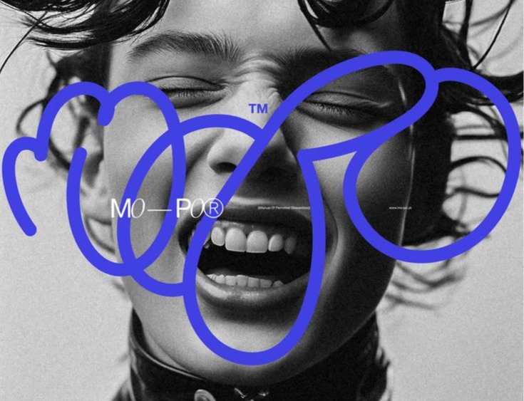 Black and white screaming portrait with a hand-drawn blue overlay
