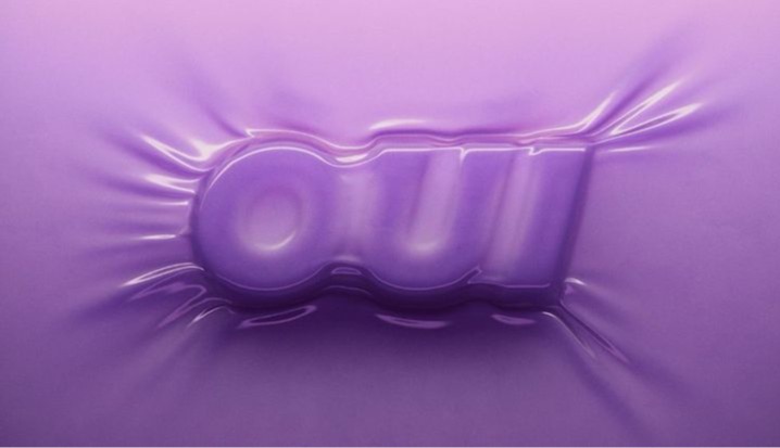 oui in inflated purple letterforms