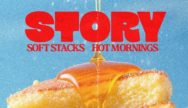 STORY breakfast ad with pancakes on blue