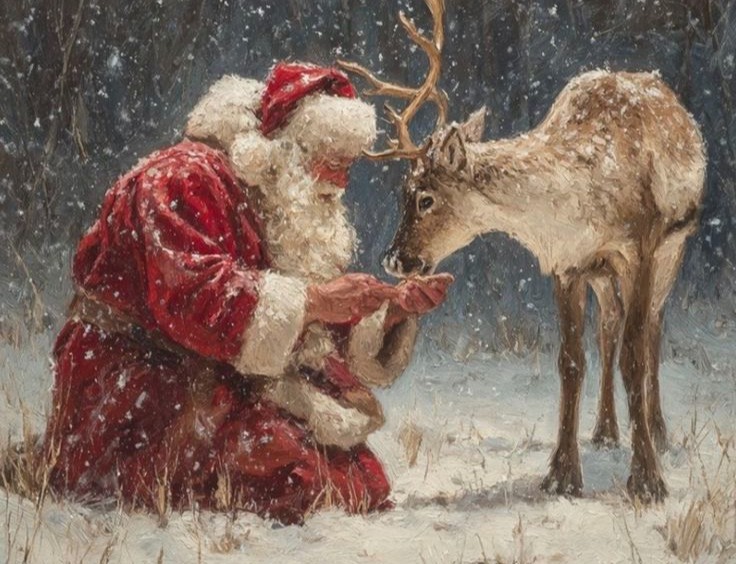 Painted Santa kneeling to feed a reindeer in falling snow