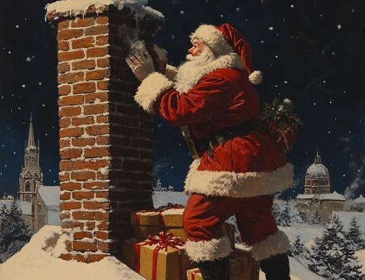 Painted Santa climbing into a chimney on a snowy rooftop