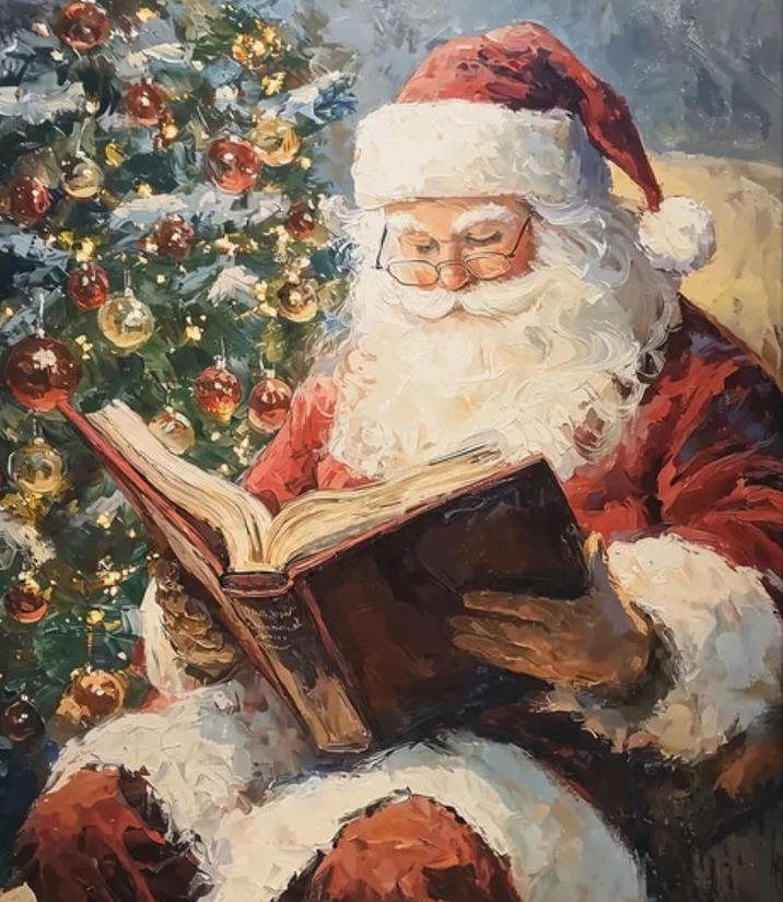 Painted Santa reading a book beside a Christmas tree