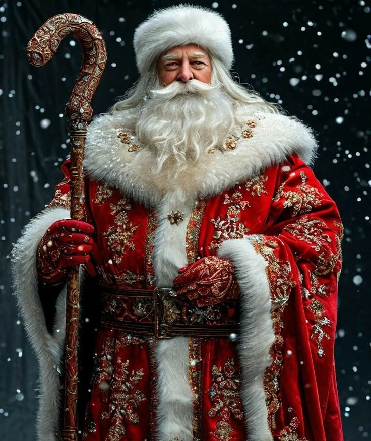 Photo-realistic Santa with a crook staff in falling snow