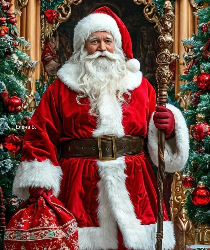 Photo-realistic Santa with staff and sack beside a lit tree