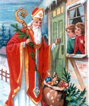 Vintage Saint Nicholas postcard, visiting children at a window