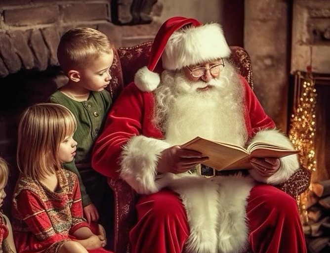 Santa reading a book to two children by the fire