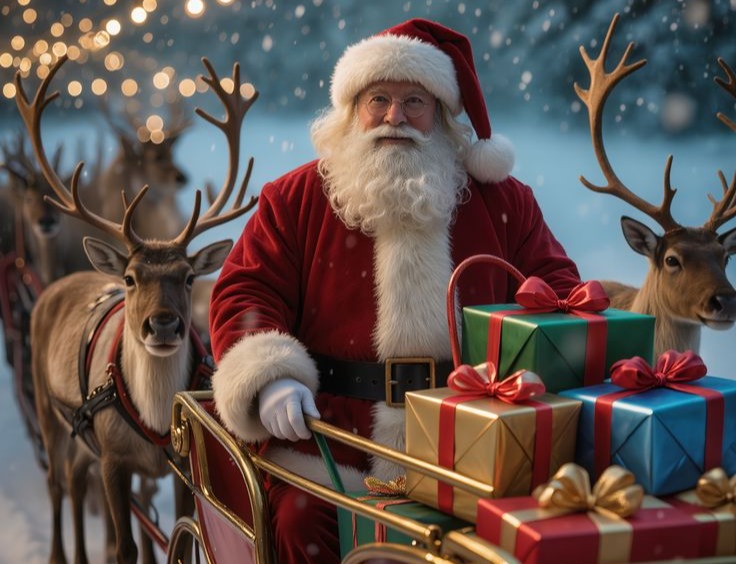 Santa among reindeer with gifts stacked on the sleigh