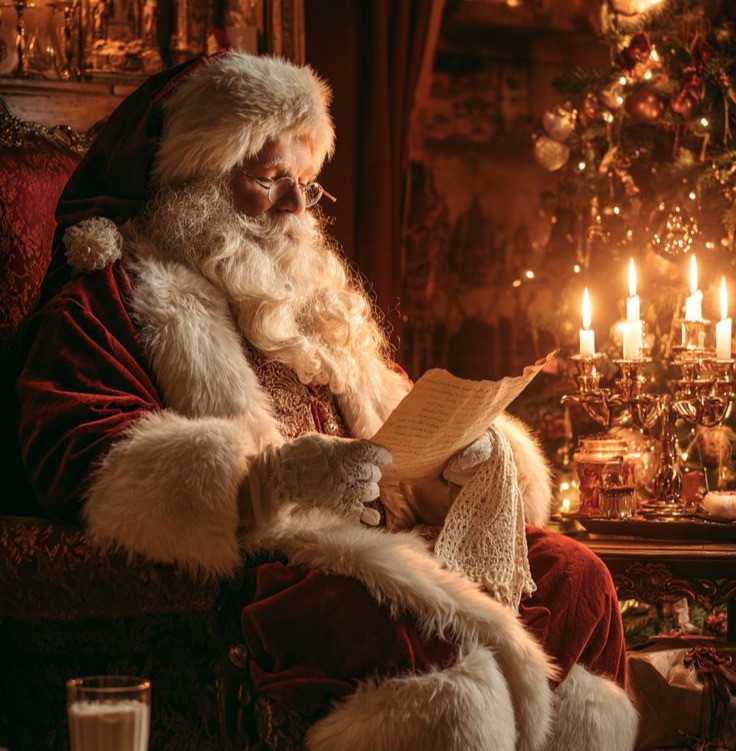Santa reading a letter by candlelight